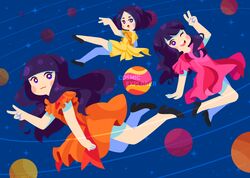  3girls :3 :d :o album_name a~chan black_footwear blush closed_mouth commentary cosmic_explorer dress english_commentary full_body kashiyuka long_hair looking_to_the_side multiple_girls night night_sky nocchi_(perfume) open_mouth orange_dress perfume pink_dress planet purple_hair round_teeth short_hair short_sleeves sky smile stephanie_shih teeth trio v yellow_dress 