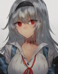  1girl artist_name girls_frontline grey_background hairband highres long_hair looking_at_viewer neck_ribbon rain red_eyes ribbon silver_hair solo thunder_(girls_frontline) upper_body xanax025 