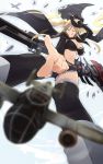  1girl ;q aircraft airplane azur_lane b-25_mitchell bangs belt bikini_top black_bikini_top black_shorts blonde_hair blurry bomber breasts cape cowboy_hat cutoffs depth_of_field flight_deck foreshortening ganesagi green_eyes hat highres hornet_(azur_lane) large_breasts long_hair long_sleeves machinery midriff military military_vehicle navel one_eye_closed over-kneehighs short_shorts shorts shrug_(clothing) sidelocks sleeves_past_wrists smile solo stomach thigh-highs tongue tongue_out twintails very_long_hair white_legwear 