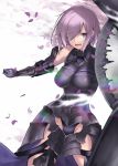  1girl armor armored_dress bangs bare_shoulders breasts commentary_request elbow_gloves falling_petals fate/grand_order fate_(series) faulds fighting_stance gloves hair_over_one_eye highres holding_shield karlwolf large_breasts lavender_hair mash_kyrielight one_eye_covered open_mouth purple_gloves purple_hair shield short_hair standing thighs violet_eyes 