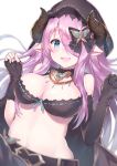  1girl asymmetrical_gloves bare_shoulders belt black_bow black_bra black_gloves blurry blush bow bra breasts butterfly_hair_ornament cleavage depth_of_field draph elbow_gloves fingerless_gloves gloves granblue_fantasy hair_ornament hair_over_one_eye highres hood horns large_breasts long_hair looking_at_viewer mismatched_gloves narmaya_(granblue_fantasy) navel open_mouth pink_hair pointy_ears ribbon_trim robe shiny shiny_hair simple_background smile solo topia underwear wavy_mouth white_background 