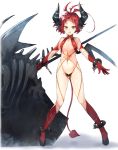  1girl :d antenna_hair bare_shoulders boots breasts chains character_request collarbone commentary_request copyright_request cuffs demon_tail demon_wings forehead full_body gloves groin horns kasuka_(kusuki) knee_boots navel open_mouth red_eyes red_footwear red_gloves redhead revealing_clothes shackles shadow short_hair simple_background small_breasts smile solo standing stomach tail thighs white_background wings 