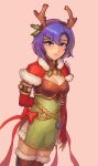  1girl antlers arm_behind_back artist_name blue_eyes blue_hair bow breasts cleavage closed_mouth dress elbow_gloves fingerless_gloves fire_emblem fire_emblem:_mystery_of_the_emblem fur_trim gloves highres katua nintendo pink_background red_bow red_gloves reindeer_antlers short_hair simple_background solo spiffydc thigh-highs zettai_ryouiki 