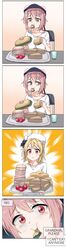  2girls 4koma absurdres blonde_hair chair comic english food food_in_mouth fur_hat girls_frontline glass hair_ornament hat highres multiple_girls nagant_revolver_(girls_frontline) pink_hair pps-43_(girls_frontline) red_eyes sidarim table tearing_up tray ushanka 