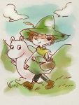  1boy arm_up basket blue_sky boots brown_footwear brown_hair closed_eyes closed_mouth clouds feathers full_body grass green_hat green_pants hat holding holding_basket k_(sktchblg) long_sleeves male_focus moomin moomintroll outdoors pants pointy_nose shoes sky smile snufkin standing sunlight walking 