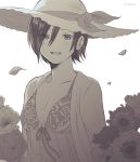  1girl artist_name blush breasts collarbone dress eyebrows_visible_through_hair eyes_visible_through_hair flower hair_over_one_eye hat jacket_on_shoulders kirishima_touka medium_breasts mole mole_on_breast nabe-box open_mouth purple_hair ribbon shadow short_hair simple_background smile solo sun_hat sundress tokyo_ghoul white_background wind 