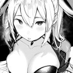  1girl bad_id bad_twitter_id bangs blush bra breasts choker copyright_request greyscale hair_between_eyes highres jewelry large_breasts looking_at_viewer monochrome necklace ouchi_kaeru parted_lips short_sleeves solo twintails underwear upper_body 