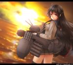  1girl bangs black_hair black_legwear blue_sailor_collar clouds commentary_request dated dutch_angle eyebrows_visible_through_hair from_behind gloves grey_skirt hair_ribbon headgear highres horizon isokaze_(kantai_collection) kantai_collection letterboxed light_smile long_hair long_sleeves looking_back machinery miniskirt nuka_(nvkka) ocean orange_neckwear outdoors pleated_skirt red_eyes red_ribbon ribbon sailor_collar school_uniform serafuku single_thighhigh skirt solo sun sunlight sunset thigh-highs tress_ribbon turret twitter_username white_gloves 