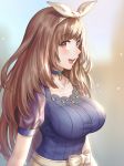  1girl :d blurry blurry_background blush bow breasts brown_hair choker hairband idolmaster idolmaster_shiny_colors large_breasts lips long_hair looking_to_the_side natsuyu open_mouth red_eyes see-through smile solo taut_clothes teeth tsukioka_kogane upper_body 