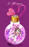  1girl a.i._channel aqua_eyes bangs bendy_straw brown_hair chaki_(teasets) commentary_request crazy_straw drinking_straw hairband heart_straw in_container kizuna_ai light_bulb long_hair looking_at_viewer minigirl multicolored_hair open_mouth pause_button pink_hairband play_button purple_background solo streaked_hair swept_bangs two-tone_hair virtual_youtuber white_pupils 