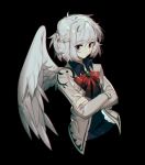  1girl aibivy black_background bow bowtie braid cropped_torso crossed_arms eyebrows_visible_through_hair feathered_wings jacket kishin_sagume long_sleeves looking_at_viewer open_clothes open_jacket red_eyes red_neckwear simple_background single_wing solo touhou upper_body white_hair white_wings wing_collar wings 