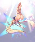  1girl absurdres arms_behind_back ass bare_legs barefoot blonde_hair bradamante_(fate/grand_order) braid breasts commentary_request elbow_gloves fate/grand_order fate_(series) french_braid from_below gloves highres leotard long_hair muloli soles solo sweat thigh_strap thighs toes twintails very_long_hair white_gloves 