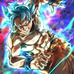  1boy aqua_eyes aura blue_background clenched_hand dragon_ball dragon_ball_super dutch_angle fighting_stance frown grey_hair grin looking_at_viewer male_focus multicolored multicolored_background nipples purple_background red_background shirtless short_hair smile son_gokuu spiky_hair st62svnexilf2p9 torn_clothes ultra_instinct veins wristband 