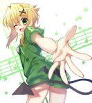  1girl akatsuki_kirika blonde_hair breasts green_eyes hair_ornament one_eye_closed open_mouth senki_zesshou_symphogear shiny shiny_hair short_hair solo sweater x_hair_ornament yuuheisyoujyo 