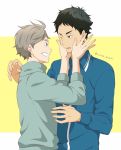  2boys akaashi_keiji black_hair blue_shirt blush fingernails grey_hair grin haikyuu!! hands_on_another&#039;s_cheeks hands_on_another&#039;s_face highres long_sleeves looking_at_another multiple_boys one_eye_closed parted_lips ringo_aneki shirt smile sugawara_koushi twitter_username 