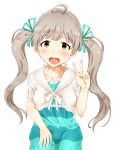  1girl absurdres ahoge aqua_dress arm_up bangs blush breasts brown_eyes cardigan collarbone dress green_ribbon hair_ribbon hakozaki_serika hand_on_lap head_tilt highres idolmaster idolmaster_million_live! kimu_(klmhud) light_brown_hair long_hair open_mouth ribbon short_sleeves simple_background small_breasts solo striped striped_dress twintails upper_teeth v white_background white_cardigan 