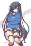  1girl black_hair black_ribbon blue_hoodie blush commentary_request eyepatch fate/grand_order fate_(series) fishnets hair_over_one_eye hood hoodie leotard_under_clothes long_hair looking_at_viewer mochizuki_chiyome_(fate/grand_order) open_mouth ribbon shiny shiny_hair shiny_skin signature simple_background solo standing stroma very_long_hair violet_eyes white_background 