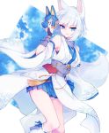  1girl animal_ears armpit_peek azur_lane bare_legs blue_eyes breasts clouds cloudy_sky cowboy_shot detached_sleeves fingerless_gloves fox_ears fox_mask fox_tail gloves grin highres japanese_clothes kaga_(azur_lane) kaga_(battleship)_(azur_lane) kimono looking_at_viewer mask medium_breasts miniskirt pleated_skirt shichijou_natori short_hair silver_hair skirt sky smile solo tail tassel wrist_guards 