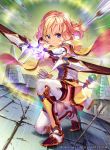  1girl arrow blonde_hair blue_eyes bow_(weapon) closed_mouth clouds company_name copyright_name fingerless_gloves fire_emblem fire_emblem:_mystery_of_the_emblem fire_emblem_cipher full_body gloves hmk84 holding holding_bow_(weapon) holding_weapon nintendo official_art one_knee quiver short_hair sky solo staff thigh-highs weapon yumina_(fire_emblem) 