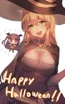  &gt;:&lt; 2girls :d blonde_hair breasts cape chibi choker cleavage fake_wings girls_frontline green_eyes hands_on_hips happy_halloween hat head_wings highres large_breasts long_hair looking_at_viewer m1903_springfield_(girls_frontline) multiple_girls one_side_up open_mouth purple_hair red_eyes simple_background smile upper_body wa2000_(girls_frontline) white_background wings witch_hat xanax025 