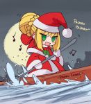  1girl :d beamed_eighth_notes blonde_hair blush boat bow canoe capelet ceroblitz chibi christmas commentary dress eighth_note english english_commentary eyebrows_visible_through_hair fate/extra fate/grand_order fate_(series) green_eyes hair_bun hat highres long_hair long_sleeves looking_at_viewer meme moon music musical_note nero_claudius_(fate) nero_claudius_(fate)_(all) night open_mouth outdoors padoru red_bow romaji saber_extra santa_costume santa_hat shaft_(studio) singing sky smile solo type-moon water watercraft 