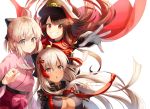  3girls :d ahoge bangs black_bow black_hair blonde_hair blush bow breasts brown_eyes cape cleavage closed_mouth commentary_request dark_skin dual_persona eyebrows_visible_through_hair fate/grand_order fate_(series) floating_hair gloves grin hair_bow hat japanese_clothes kimono long_hair long_sleeves looking_at_viewer military_hat multiple_girls negative_space nonono obi oda_nobunaga_(fate) okita_souji_(alter)_(fate) okita_souji_(fate) okita_souji_(fate)_(all) open_mouth outstretched_hand parted_lips peaked_cap pink_kimono red_eyes sash short_hair sidelocks smile tassel teeth white_background white_gloves white_hair 