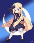  &gt;:) 1girl abigail_williams_(fate/grand_order) arm_up bangs black_bow black_dress black_footwear blonde_hair bloomers blue_background blue_eyes blush bow bug butterfly closed_mouth commentary_request crescent_moon dress error fate/grand_order fate_(series) forehead full_body hair_bow head_tilt highres insect kujou_karasuma long_hair long_sleeves moon no_hat no_headwear orange_bow parted_bangs shoes signature sleeves_past_fingers sleeves_past_wrists smile solo standing underwear v-shaped_eyebrows very_long_hair white_bloomers 