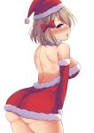  1girl arm_warmers ass azur_lane back backless_outfit bare_shoulders blonde_hair blush bow breasts christmas cowboy_shot embarrassed fur_trim hair_bow hat highres looking_at_viewer looking_back medium_breasts mistynight open_mouth santa_costume santa_hat short_hair sideboob simple_background solo standing sweatdrop violet_eyes white_background z23_(azur_lane) 