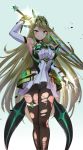  1girl alternate_costume aqua_background arm_up armor armpits backlighting bangs black_legwear black_panties blonde_hair blush breasts closed_mouth diffraction_spikes dress elbow_gloves faulds feet_out_of_frame floating_hair gloves glowing gradient gradient_background headgear mythra_(xenoblade) holding holding_sword holding_weapon large_breasts legs legs_together long_hair looking_at_viewer nintendo ooshima_aki panties panties_over_pantyhose pantyhose sidelocks sleeveless sleeveless_dress smile solo standing super_smash_bros. super_smash_bros._ultimate sword thigh_strap torn_clothes torn_legwear underwear v-shaped_eyebrows very_long_hair weapon white_dress white_gloves xenoblade_(series) xenoblade_2 yellow_eyes 