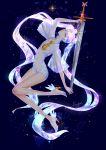  1girl absurdly_long_hair arm_up bishoujo_senshi_sailor_moon blue_eyes covered_navel floating_hair full_body high_heels highres holding holding_sword holding_weapon houseki_no_kuni kaminary leg_up long_hair phosphophyllite_(ll) phosphophyllite_(ll)_(cosplay) pumps sailor_cosmos sailor_senshi_uniform see-through short_shorts shorts signature silver_hair solo sword twintails very_long_hair weapon white_footwear white_jumpsuit 