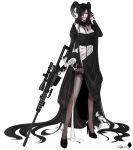  1girl absurdly_long_hair absurdres anti-materiel_rifle apron black_dress black_legwear black_sclera cross cross_necklace dress fangs gun highres horns jewelry long_hair looking_at_viewer maid necklace open_mouth original red_eyes rifle smile sniper_rifle solo suisuwassc thigh-highs very_long_hair waist_apron weapon 
