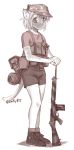  1girl animal_ears assault_rifle backpack bag boots cat_ears cat_tail ebifly facepaint from_side greyscale gun hat holding holding_gun holding_weapon looking_at_viewer military military_uniform monochrome original parted_lips pouch rifle shirt shoes short_hair short_sleeves shorts simple_background socks solo standing tail twitter_username uniform weapon white_background 