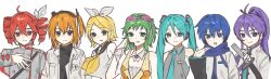  2boys 5girls :d adachi_rei aqua_eyes aqua_necktie black_shirt blue_eyes blue_scarf bow bow_hairband buttons closed_mouth coat collar collared_shirt commentary detached_collar double-breasted drill_hair eoldang1 goggles goggles_on_head green_eyes grey_jacket grey_shirt grin gumi hair_between_eyes hair_bow hair_ornament hairband hairclip hand_on_own_chest hatsune_miku highres holding holding_sword holding_weapon jacket kagamine_rin kaito_(vocaloid) kamui_gakupo kasane_teto kasane_teto_(sv) medium_hair multiple_boys multiple_girls neckerchief necktie open_clothes open_jacket open_mouth orange_eyes orange_hair rainbow_order red_eyes redhead scarf shirt simple_background sleeveless sleeveless_shirt smile sword symbol-only_commentary synthesizer_v teeth twin_drills twintails utau violet_eyes vocaloid weapon white_background white_bow white_coat white_collar white_jacket yellow_neckerchief 