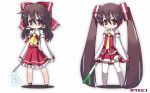  cosplay detached_sleeves dual_persona glasses hakurei_reimu hatsune_miku hatsune_miku_(cosplay) japanese_clothes long_hair miko mimimi ribbon ribbons skirt spring_onion thighhighs touhou twintails vocaloid vocaloid_boxart_pose 
