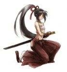  belly japanese_clothes kneeling midriff nemu_(isaya) ponytail sarashi sekaiju_no_meikyuu sword weapon 