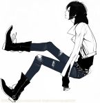  belt boots cardigan fashion gloves jeans monochrome punk punk_rock rock short_hair simple_background solo takenaka torn_clothes 