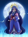  barefoot blue_hair bow facial_mark fan feet green_eyes hair_ornament japanese_clothes kyouran_kazoku_nikki long_hair midarezaki_gekka moon night petals robe smile very_long_hair 