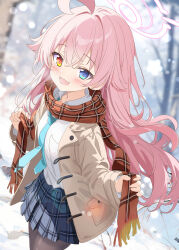  1girl :d adapted_costume ahoge aqua_necktie aruka_(alka_p1) blue_archive blue_eyes blurry blurry_background blush breasts brown_coat brown_pantyhose coat collared_shirt commentary_request cowboy_shot cowlick duffel_coat fang fringe_trim grey_skirt halo heterochromia highres holding holding_scarf holding_unworn_clothes hoshino_(blue_archive) long_hair long_sleeves looking_at_viewer miniskirt necktie open_clothes open_coat open_mouth outdoors pantyhose pink_hair pink_halo plaid_clothes plaid_scarf plaid_skirt pleated_skirt red_scarf scarf shirt skirt small_breasts smile snow solo standing white_shirt wing_collar yellow_eyes 
