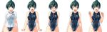  bosshi competition_swimsuit erect_nipples green_eyes green_hair highres long_image one-piece_swimsuit ponytail see-through short_hair swimsuit t-shirt wide_image yarisugi_itazura 
