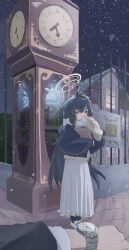  1boy 1girl absurdres bad_id bad_pixiv_id bags_under_eyes black_hair black_pantyhose blue_archive blue_shawl book clock enpera fence grey_scarf half-closed_eyes halo highres iron_fence kumakono long_hair long_skirt looking_at_viewer outdoors pantyhose pleated_skirt pov pov_hands scarf school_uniform serafuku shawl skirt snowing ui_(blue_archive) very_long_hair watch watch white_serafuku 