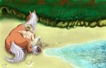  blonde_hair blue_eyes epona horse link male nintendo pointy_ears shirtless shore smile the_legend_of_zelda topless water 
