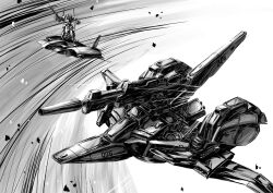  absurdres aircraft beam_rifle commentary_request energy_gun gundam highres hyaku_shiki machinery mecha mecha_focus military mobile_suit monochrome no_humans riding robot science_fiction spacecraft starfighter wave_rider weapon zandan_zero_to_na!? zeta_gundam zeta_gundam_(mobile_suit) 