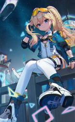  1girl absurdres bare_shoulders blackxyfaf blonde_hair blue_eyes blue_jacket braid durandal_(honkai_impact) durandal_(reign_solaris)_(honkai_impact) fingerless_gloves gloves goggles goggles_on_head high_ponytail highres honkai_(series) honkai_impact_3rd jacket looking_at_viewer rita_rossweisse single_braid thigh-highs white_thighhighs 