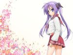  flower hair_ribbon hiiragi_kagami ishikei jpeg_artifacts lips long_legs looking_back lucky_star midriff pleated_skirt purple_hair ribbon school_uniform serafuku skirt solo thighs tsurime twintails wallpaper 