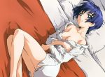  bed blue_eyes blue_hair blush breasts cleavage lying open_clothes open_shirt sakuraba_aoi shirt short_hair 