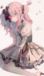  1other 1sh1214 25-ji_nightcord_de._(project_sekai) absurdres akiyama_mizuki androgynous black_blindfold black_ribbon blindfold bug butterfly commentary crying crying_with_eyes_open dress flower frilled_dress frills hair_flower hair_ornament highres juliet_sleeves keikyoku_no_machi_wa_doko_e_(project_sekai) lace-trimmed_dress lace_trim long_sleeves official_alternate_costume parted_lips pink_butterfly pink_hair project_sekai puffy_sleeves red_flower red_rose ribbon rose side_ponytail sidelocks simple_background tears white_background white_dress 
