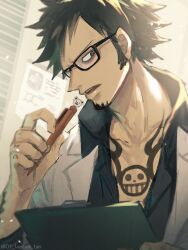  1boy bepo black_hair black_shirt chest_tattoo collared_shirt facial_hair glasses goatee holding holding_pen lab_coat male_focus one_piece pen potechi_norisio shirt sideburns solo spiky_hair tattoo trafalgar_law upper_body 