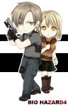  ashley_graham belt blonde_hair bob_cut boots bracelet chibi fingerless_gloves gloves gun handgun jewelry leon_s_kennedy pistol plaid plaid_skirt resident_evil resident_evil_4 skirt sleeveless sleeveless_turtleneck tartan turtleneck weapon yellow_eyes yodobashi_yuo yuxo 