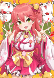  1girl 35p_(sakura_miko) :3 absurdres ahoge bell bow breasts cherry_blossom_print commentary detached_sleeves floral_print frilled_kimono frills glowstick green_eyes hair_bell hair_between_eyes hair_bow hair_ornament hairclip hakama hakama_short_skirt hakama_skirt hands_up highres holding holding_glowstick hololive japanese_clothes jingle_bell kakue_gaku kimono large_breasts long_hair long_sleeves looking_at_viewer nontraditional_miko notice_lines obi one_side_up open_mouth pink_hair pink_nails red_bow red_hakama sakura_miko sakura_miko_(1st_costume) sash skirt sleeveless sleeveless_kimono smile solo tongue twitter_username virtual_youtuber w white_kimono wide_sleeves x_hair_ornament yellow_bow yellow_sash 