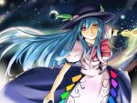 bad_id blue_hair food fruit hat hinanawi_tenshi long_hair long_skirt peach peaches red_eyes skirt solo sword sword_of_hisou touhou weapon wind